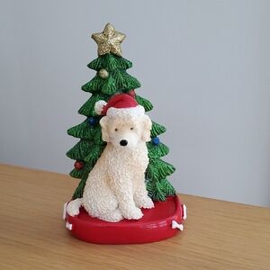 Festive Blonde Labradoodle Dog Figurine with Christmas Tree Santa Hat